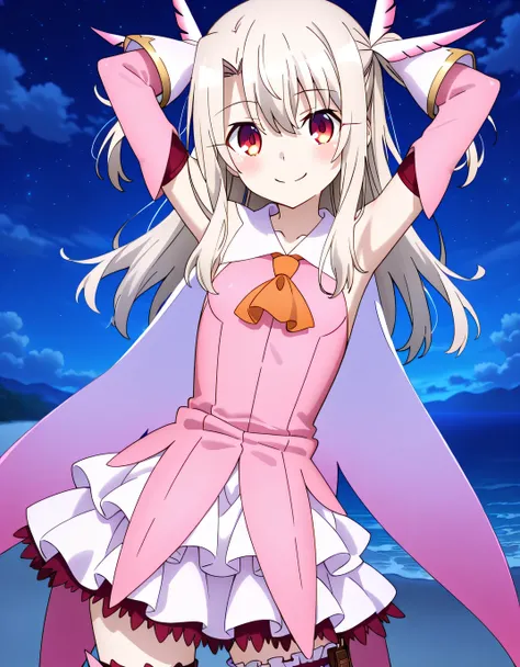 fate/kaleid liner prisma illya, aaillya, long hair, blonde hair, two side up, hair ornament, red eyes, bare shoulders, magical girl, cape, orange ascot, pink shirt, sleeveless, detached sleeves, white gloves, white skirt, bridal garter, pink thighhighs, an...