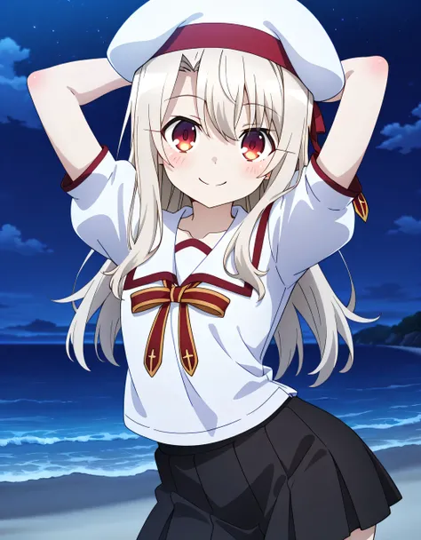 aaillya, long hair, blonde hair, beret, white headwear, red eyes, school uniform, collarbone, neck ribbon, white shirt, puffy short sleeves, pleated skirt, black skirt, anime screencap, high quality, solo, night sky, beach, hands behind head, ((contrappost...