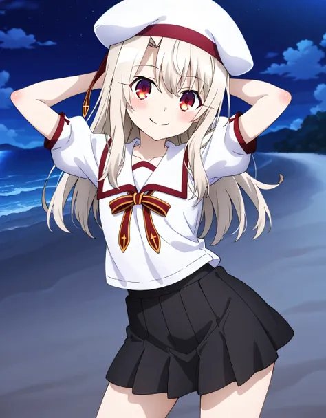 aaillya, long hair, blonde hair, beret, white headwear, red eyes, school uniform, collarbone, neck ribbon, white shirt, puffy short sleeves, pleated skirt, black skirt, anime screencap, high quality, solo, night sky, beach, hands behind head, ((contrappost...
