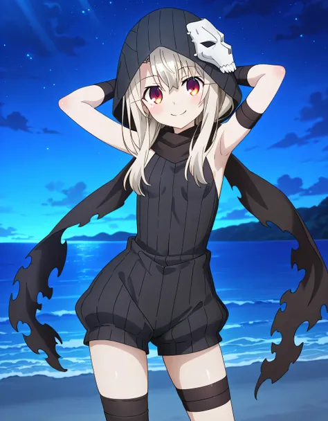 aaillya, long hair, blonde hair, mask on head, skull mask, hood up, torn scarf, black scarf, red eyes, bare shoulders, short jumpsuit, sleeveless, arm wrap, asymmetrical legwear, single thighhigh, black thighhighs, anime screencap, high quality, solo, nigh...