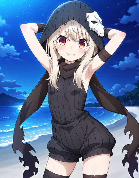 aaillya, long hair, blonde hair, mask on head, skull mask, hood up, torn scarf, black scarf, red eyes, bare shoulders, short jumpsuit, sleeveless, arm wrap, asymmetrical legwear, single thighhigh, black thighhighs, anime screencap, high quality, solo, nigh...