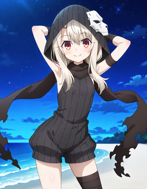 aaillya, long hair, blonde hair, mask on head, skull mask, hood up, torn scarf, black scarf, red eyes, bare shoulders, short jumpsuit, sleeveless, arm wrap, asymmetrical legwear, single thighhigh, black thighhighs, anime screencap, high quality, solo, nigh...