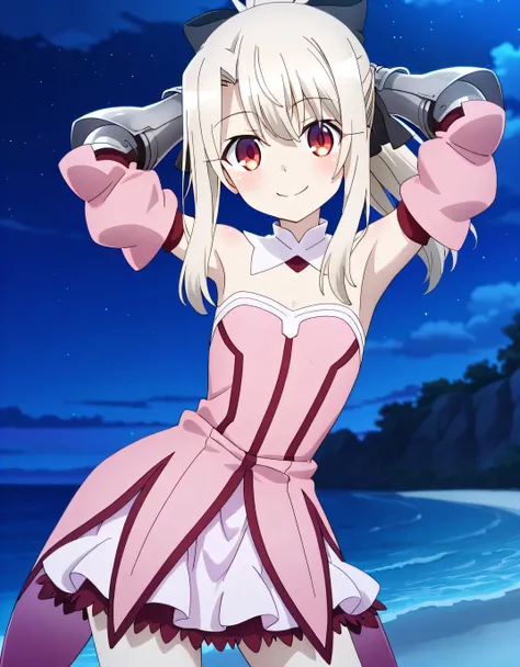aaillya, long hair, blonde hair, ponytail, hair bow, red eyes, detached collar, bare shoulders, strapless, pink dress, armor, detached sleeves, gauntlets, anime screencap, high quality, solo, night sky, beach, hands behind head, ((contrapposto)), closed mo...