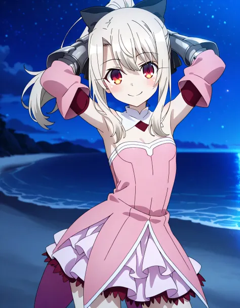 aaillya, long hair, blonde hair, ponytail, hair bow, red eyes, detached collar, bare shoulders, strapless, pink dress, armor, detached sleeves, gauntlets, anime screencap, high quality, solo, night sky, beach, hands behind head, ((contrapposto)), closed mo...