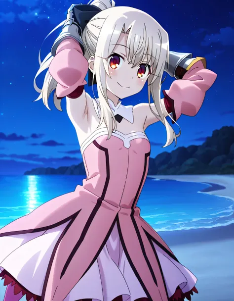 aaillya, long hair, blonde hair, ponytail, hair bow, red eyes, detached collar, bare shoulders, strapless, pink dress, armor, detached sleeves, gauntlets, anime screencap, high quality, solo, night sky, beach, hands behind head, ((contrapposto)), closed mo...