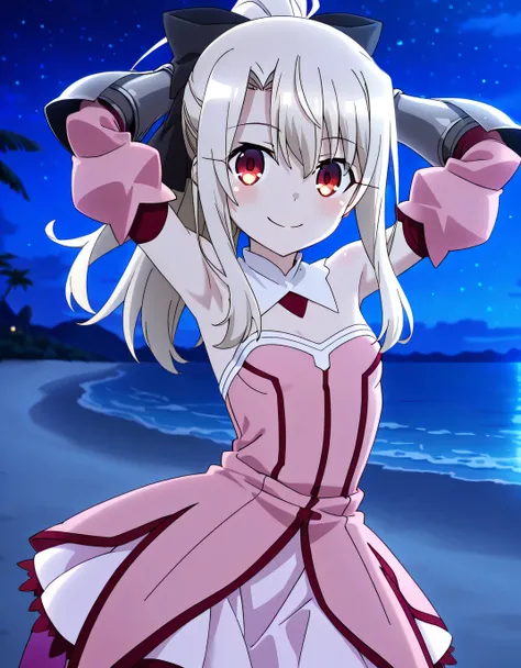 aaillya, long hair, blonde hair, ponytail, hair bow, red eyes, detached collar, bare shoulders, strapless, pink dress, armor, detached sleeves, gauntlets, anime screencap, high quality, solo, night sky, beach, hands behind head, ((contrapposto)), closed mo...