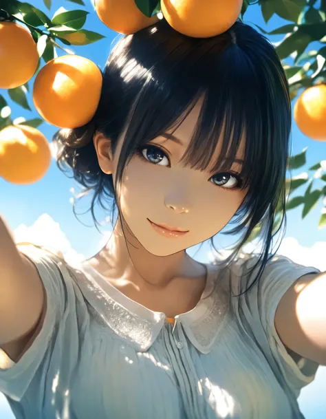 1girl, year 2016, upper body, early summer, summer oranges, blue sky, casual clothes, masterpiece, high score, great score, absurdres, 16k, Ultra detailed, (photorealistic : 0.5)