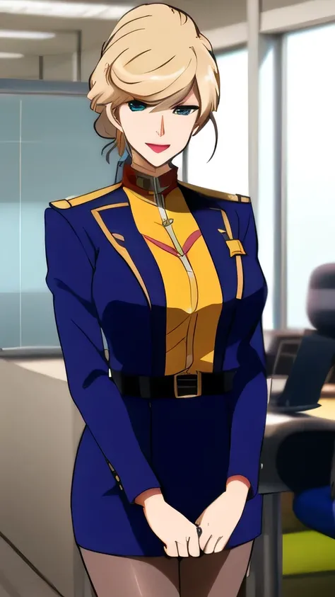 office lady costume，Navy blue suit，white blouse，navy blue mini skirt，high heels，face is absolutely necessary，巨乳でもwaistが細い，( Knight :1.7), Japan,  Tokyo , 街の景Color, In front of the window,
,pantyhose, a 制服 with gold trims and a collar,shirt,belt,
Gold My ha...
