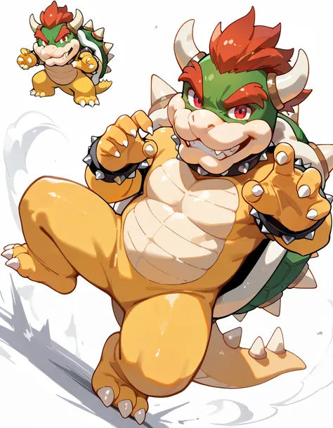 (chibi,fullbody),(dynamic angle,dynamic fighting stance pose),source_furry, hi res, white background, sfw, close up, rimlight, solo, Bowser, Spiked Bracelets, Spiked Collar, Spiky Shell, red eyes,pride, grin, looking at viewer, anthro, male,