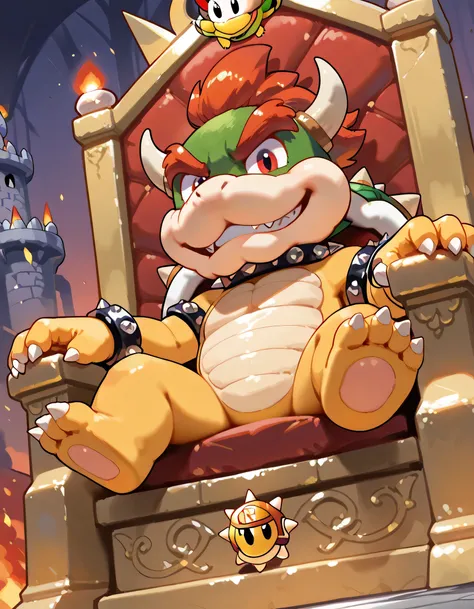 (chibi,fullbody),(dynamic angle,dynamic sitting throne pose),source_furry, hi res, sfw, close up, rimlight, solo, Bowser, Spiked Bracelets, Spiked Collar, Spiky Shell, red eyes,pride, grin, looking at viewer, anthro, male,Bowser's castle, luxurious throne,...