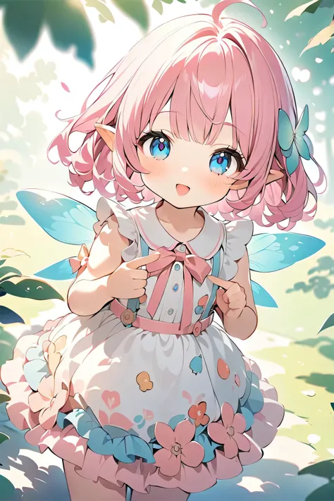 top quality、high resolution、(High Definition:1.4)、masterpiece、Detailed Background、very detailed face、Natural Light、bright colors、shallow depth of field、HDR effects 、Big breasts、(multiple little fairies:1.3)、fantastic、Sweets Costumes、cuteコスチューム、Fairies Wear...