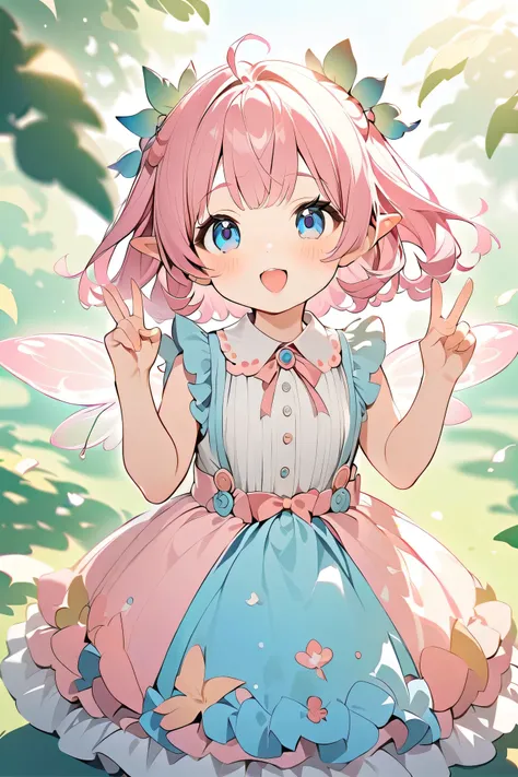 top quality、high resolution、(High Definition:1.4)、masterpiece、Detailed Background、very detailed face、Natural Light、bright colors、shallow depth of field、HDR effects 、Big breasts、(multiple little fairies:1.3)、fantastic、Sweets Costumes、cuteコスチューム、Fairies Wear...