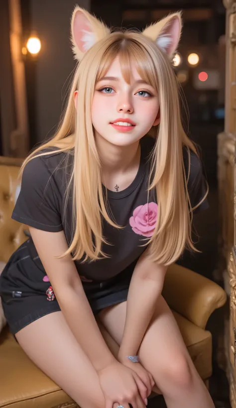 A fox-eared girl,with golden eyes, straight hair, and a fluffy fox tail, grinning with teeth, sharp canine teeth, A girl wearing a black maid outfit, fox ear, fox tail. She stands in a Western-style room, welcoming the observer with a warm smile, swirling ...