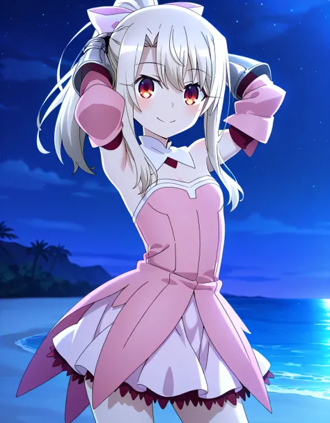 aaillya, long hair, blonde hair, ponytail, hair bow, red eyes, detached collar, bare shoulders, strapless, pink dress, armor, detached sleeves, gauntlets, anime screencap, high quality, solo, night sky, beach, hands behind head, ((contrapposto)), closed mo...