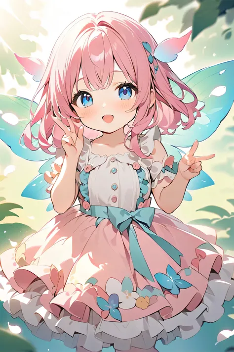 top quality、high resolution、(High Definition:1.4)、masterpiece、Detailed Background、very detailed face、Natural Light、bright colors、shallow depth of field、HDR effects 、Big breasts、(multiple little fairies:1.3)、fantastic、Sweets Costumes、cuteコスチューム、Fairies Wearing Sweets Costumes、Fairy Costumes with Shining Feathers and Frilled Dresses、Fun to eat 、fun atmosphere、Big Smiles、Peace Sign、cute