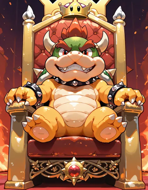 sideview+,(chibi),(dynamic angle,dynamic sitting throne pose),source_furry, hi res, sfw, close up, rimlight, solo,(portrait)+,Bowser, Spiked Bracelets, Spiked Collar, Spiky Shell, red eyes,pride, grin, looking at viewer, anthro, male,Bowser's castle, luxur...