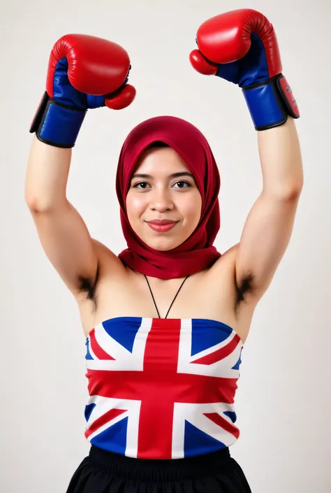 front view, Malaysian hijab-wearing mother. (Wearings British flag top strapless ). BOTH SIDES HANDS IN STRAIGHT UP LIFT WEARING BOXING GLOVE , hair Arm pit 