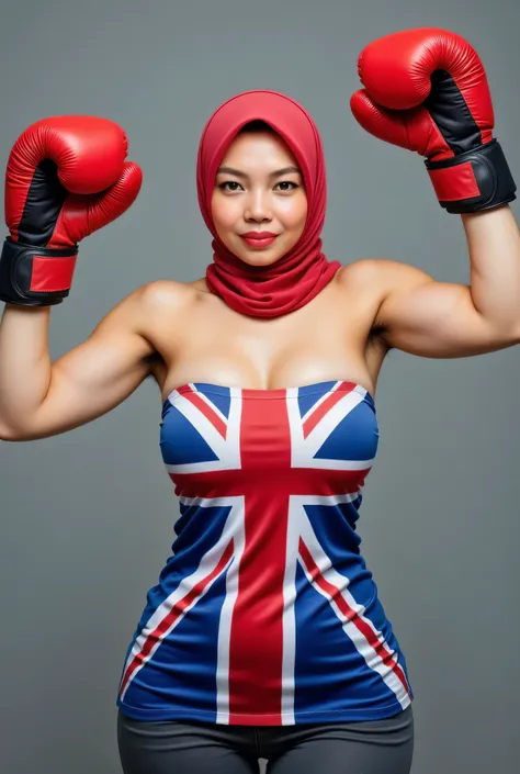 front view, Malaysian hijab-wearing mother. (Wearings British flag top strapless ). BOTH SIDES HANDS IN STRAIGHT UP LIFT WEARING BOXING GLOVE , hair Arm pit 