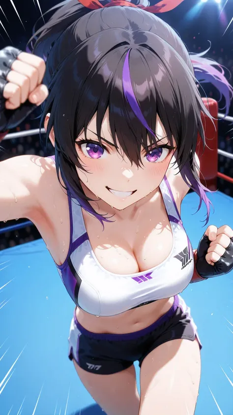 KunimitsuTK, long ponytail, streaked hair, solo, Detailed eyes, white sports bra, black boy leg underwear, black fingerless gloves, thigh, cleavage, medium breast, serious grin, looking at viewer, Detailed eyes, Detailed face, portrait, face focus, from ab...