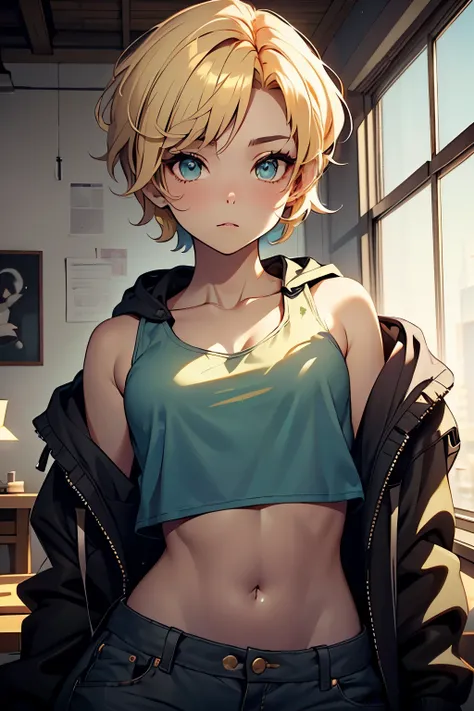     jovem, , bonita, Pixie,  , style blonde haircut wearing a cropped hoodie tank top . best quality of style, obra-prima, ((rosto bonito)) high definition, visto de cima
