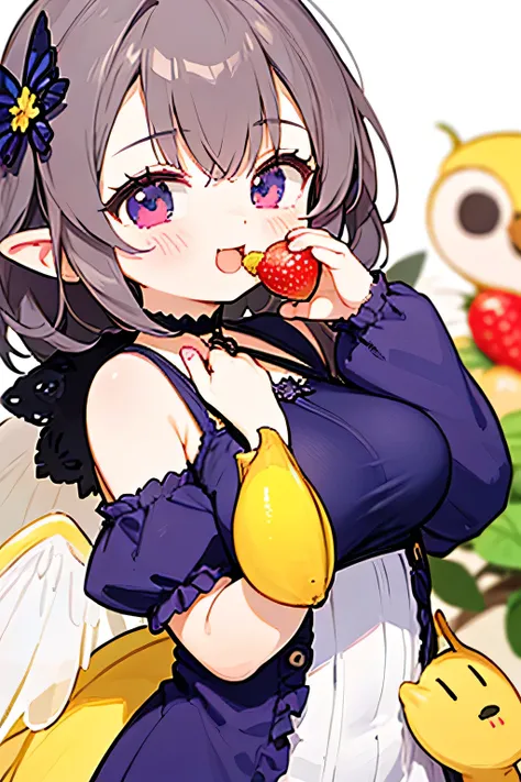 top quality、masterpiece、Detailed Background、detailed faces with ofisu、Detailed Expressions、Natural Light、bright colors、shallow depth of field、HDR effects 、Big breasts、multiple little fairies、fantastic、fruit and costumes、Strawberry or Banana 、Costumes such...