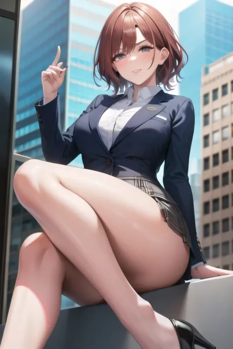     city tour    でひとりで歩いている姿を描けますか，A woman with a lovely smile，（brown hairショート）brown hair，Please draw an office lady， dark blue suit ，white blouse，dark blue tight miniskirt、Crimson Hair、Crimson Hair，big boobs，big boobsでもウエストが細い，，face is absolutely necessar...