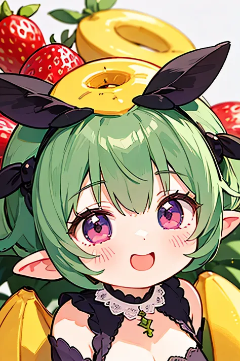 top quality、masterpiece、Detailed Background、detailed faces with ofisu、Detailed Expressions、Natural Light、bright colors、shallow depth of field、HDR effects 、Big breasts、multiple little fairies、fantastic、fruit and costumes、Strawberry or Banana 、Costumes such...