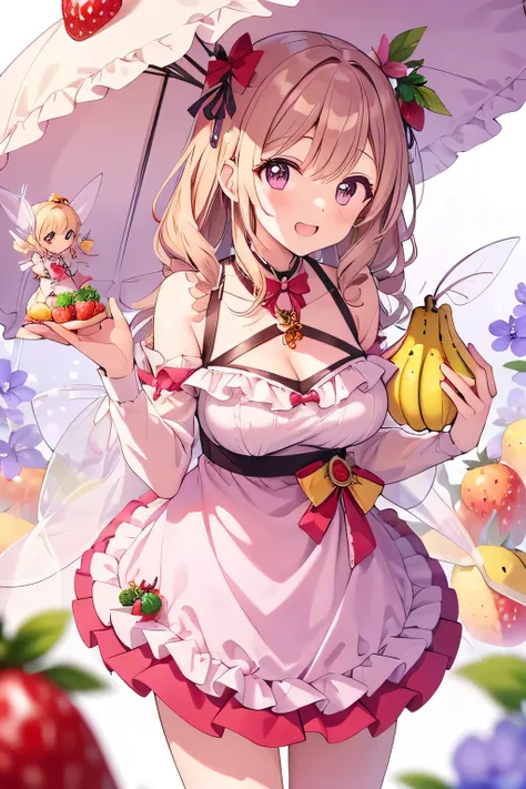 top quality、masterpiece、Detailed Background、detailed faces with ofisu、Detailed Expressions、Natural Light、bright colors、shallow depth of field、HDR effects 、Big breasts、multiple little fairies、fantastic、fruit and  costumes、Strawberry or Banana 、Costumes such...