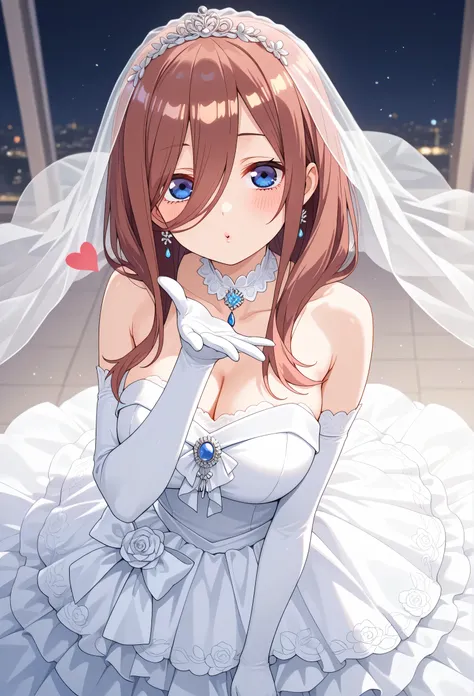 Nakano Miku, wedding dress, blowing kiss, heart