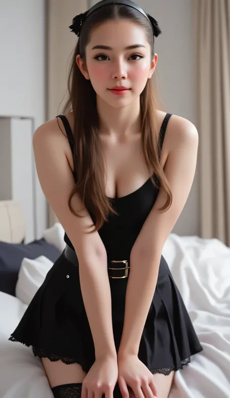 1girl, solo, voluptuous, golden yellow eyes, half-closed eyes, tareme, light brown hair low-tied long hair, general, cat ear hairband, black camisole, belt choker, black skirt medium skirt frilled skirt high-waist skirt, black belt, black thighhighs lace-t...