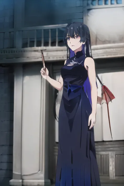 can you draw a woman standing in the woods，black hair long hair，Please delicately draw facial expressions，The dark blue costume of a witch，long dress，can you draw a woman interacting with a dragon spirit，face is absolutely necessary， lakeside，please give m...