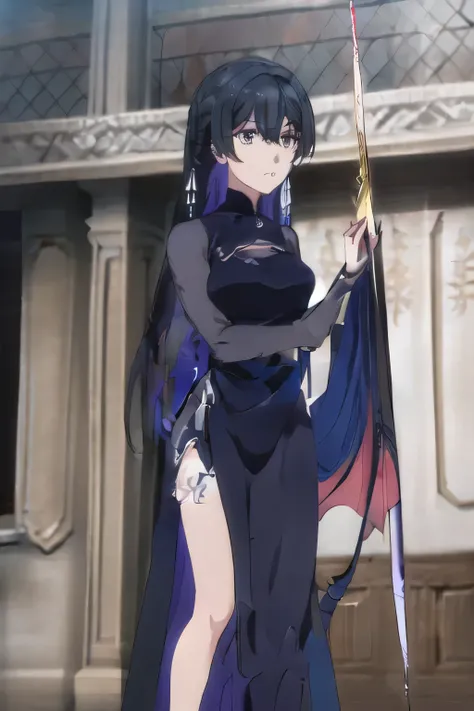 can you draw a woman standing in the woods，black hair long hair，Please delicately draw facial expressions，The dark blue costume of a witch，long dress，can you draw a woman interacting with a dragon spirit，face is absolutely necessary， lakeside，please give m...