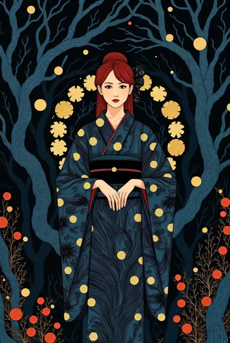 Woman in kimono standing in dark forest、golden eyes、red hair、encircling tree々Vines、Multiple symbols floating around、一貫して pattern化された作品、Projected Shadows、 minimalism、Brilliant Color Palette、deep blue and vermilion color scheme、Dark Fantasy Illustration、mute...