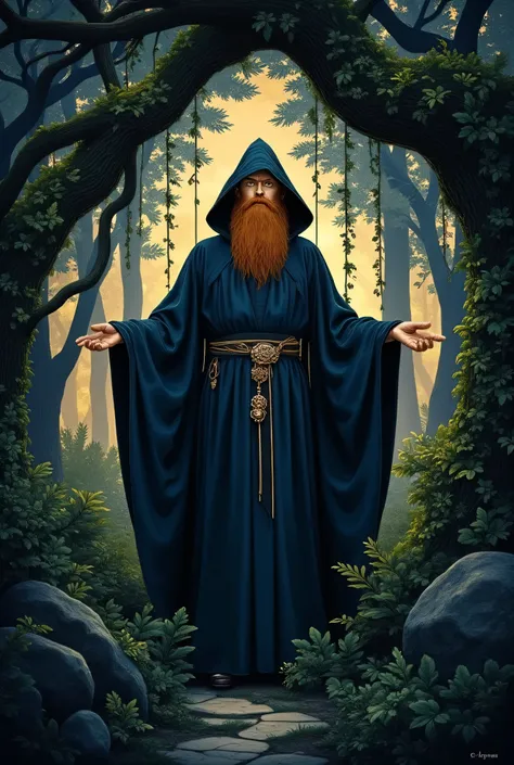 Elderly wizard in priest's robes standing in dark forest、English man, golden eyes、red hair、beard,  encircling tree々Vines、貫して pattern化された作品、Projected Shadows、 minimalism、Brilliant Color Palette、deep blue and pale gold color scheme、Dark Fantasy Illustration、...
