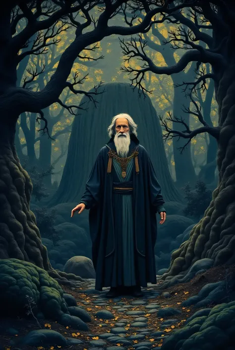 Elderly wizard in priest's robes standing in dark forest、English man, golden eyes、gray hair、beard,  encircling tree々Vines、貫して pattern化された作品、Projected Shadows、 minimalism、Brilliant Color Palette、deep blue and pale gold color scheme、Dark Fantasy Illustration...