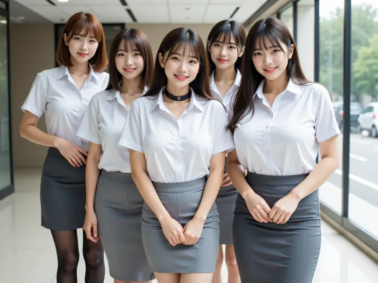 Beautiful Japanese Women Wearing Company Uniforms, Group photo、Beautiful Women in a Line、Satin White Short Sleeve Shirts, black choker, Gray pencil skirt, beautiful curves.  brown hair , short hair,  Sensual Smile, Seductive Smile, The lobby of a glass-wal...