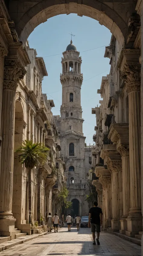 Brutalist_Architecture,Long-range shooting，Subjective perspective lens，ultra wide angle ncient City，Ancient Athenian Castle，Tall castle，Layering。royal castle。Arched doors 。Athenian architectural style。A lively street，A clean and tidy slate-paved road。There...