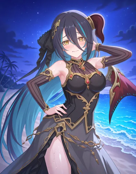 pcranpha, black hair, blue hair, very long hair, two-tone hair, streaked hair, single horn, horn ring, single wing, yellow eyes, hair between eyes, rnphdef, hair ribbon, black ribbon, hair ornament, black dress, sleeveless dress, gold trim, see-through cle...