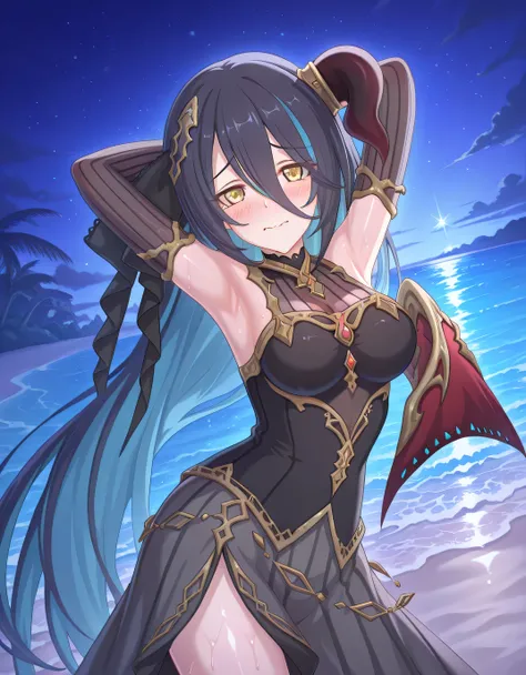 pcranpha, black hair, blue hair, very long hair, two-tone hair, streaked hair, single horn, horn ring, single wing, yellow eyes, hair between eyes, rnphdef, hair ribbon, black ribbon, hair ornament, black dress, sleeveless dress, gold trim, see-through cle...
