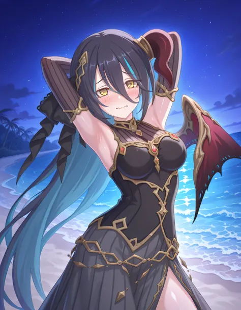 pcranpha, black hair, blue hair, very long hair, two-tone hair, streaked hair, single horn, horn ring, single wing, yellow eyes, hair between eyes, rnphdef, hair ribbon, black ribbon, hair ornament, black dress, sleeveless dress, gold trim, see-through cle...