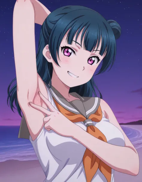 yoshiko tsushima, long hair, bangs, blue hair, pink eyes, hair bun, single hair bun, single side bun, mature female, medium breasts, anime screencap, shirt, white shirt, serafuku, neckerchief, orange neckerchief, sleeveless, high quality, solo, night sky, ...