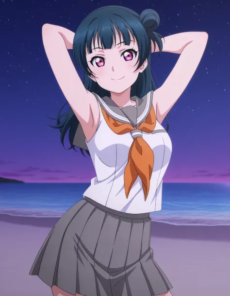 yoshiko tsushima, long hair, bangs, blue hair, pink eyes, hair bun, single hair bun, single side bun, mature female, medium breasts, anime screencap, shirt, white shirt, serafuku, neckerchief, orange neckerchief, sleeveless, skirt, pleated skirt, grey skir...