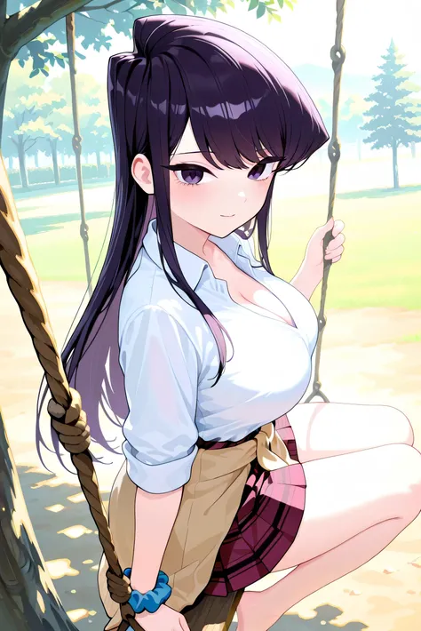 1girl,solo,cute,Komi Shouko,long_hair,purpke_hair,purple _eyes,large breasts
BREAK school_uniform,collared_shirt,breasts,cleavage,white_shirt,wrist_scrunchie sleeves_rolled_up,wrist_scrunchie,pleated_skirt,clothes_around_waist
BREAK A very cute girl is pla...