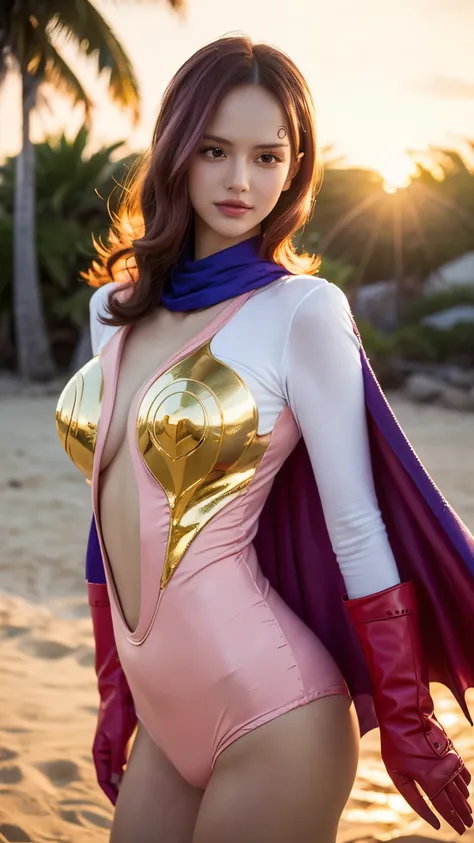 "A hyper-realistic portrait of Vinsmoke Reiju from One Piece, reimagined as a real-life beautiful woman. She has soft, flawless fair skin, expressive violet eyes, and medium-length silky pink hair styled with a side bang. Her lips are glossy and slightly p...