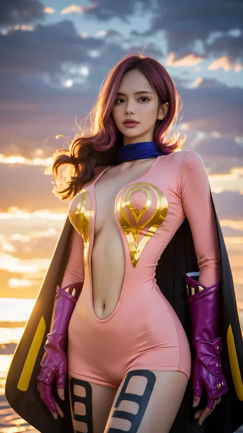 "A hyper-realistic portrait of Vinsmoke Reiju from One Piece, reimagined as a real-life beautiful woman. She has soft, flawless fair skin, expressive violet eyes, and medium-length silky pink hair styled with a side bang. Her lips are glossy and slightly p...