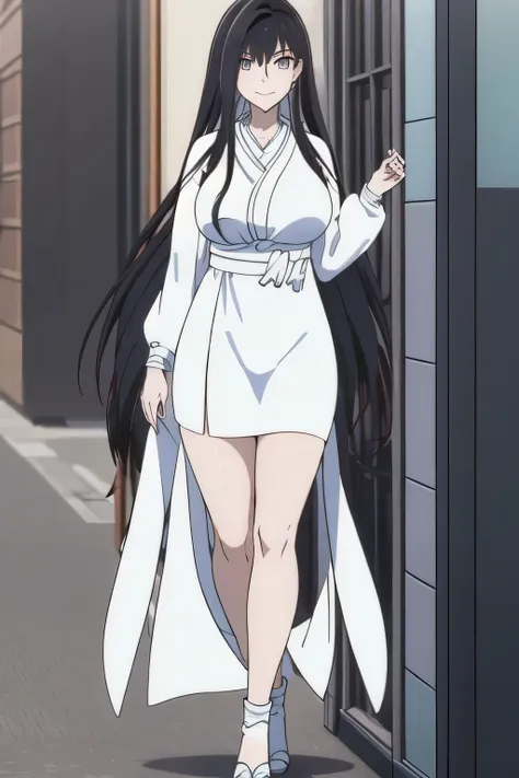 Can you draw a long dark-haired woman in an office lady suit, light blue suit,white blouse,light blue miniskirt,Yellow scarf wrapped around her neck,high heels, city tour , walking alone ,face is absolutely necessary,Please tell me the exact representati...