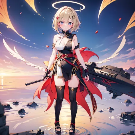 masterpiece, best quality, flugel girl wearing a sleek white battle dress with sideboob cut, magical runes glowing on fabric, halo slightly cracked (battleworn), holding an ancient grimoire in one hand, wings partially spread, serious and focused gaze, sta...