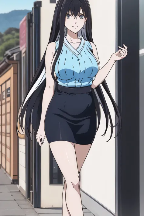 don't crop her face as it is absolutely necessary for the work,Can you draw a woman with long black hair {X} Please draw a woman in a blue business suit and blue miniskirt,Yellow Scarf,high heels,Wearing an office lady suit、Please give me a detailed depict...