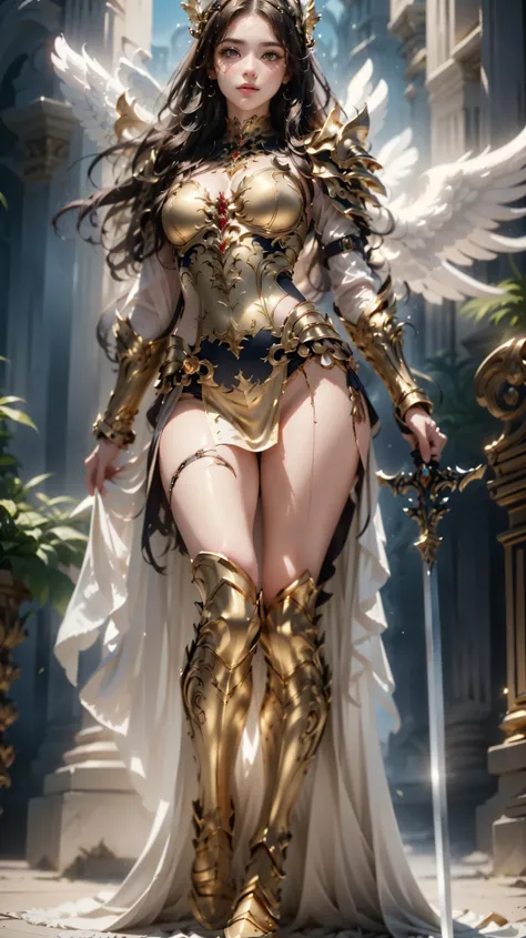 An approximate image of a girl , dwarf, in a dress holding a sword, Angelic Golden Armor , ornate white and gold armor, intricate white and gold armor, pretty female cleric,  image of female champion , garota de armadura, shiny golden armor,  Mechanized Va...