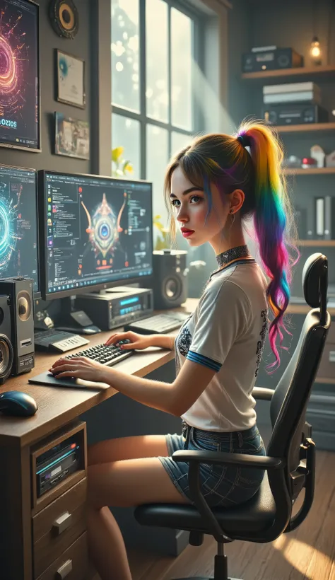 In a cozy, Stylish computer design, A young woman is sitting at her desk, Accommodates two large monitors and peripherals such as keyboards, A mouse, and a console.  light warm , ， Sunshine through the window , ，Radiating soft shadows and illuminating wood...